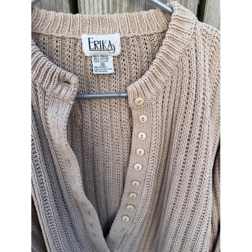 Vintage Coastal Minimalist Erika Sweater M Tan Ramie Cotton Henley Ribbed Knit